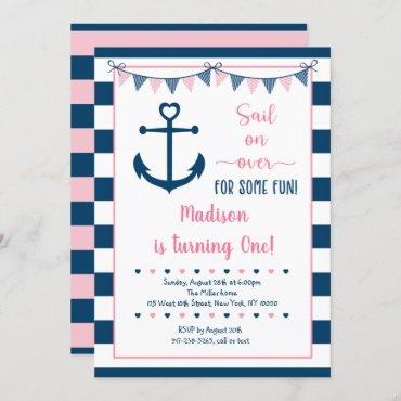Pink Navy Girl Nautical Anchor First Birthday