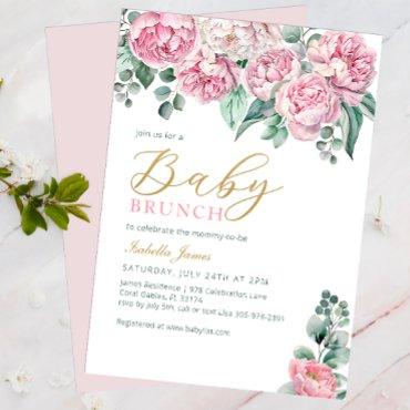 Pink Peony and Eucalyptus Gold Baby Shower Invitat