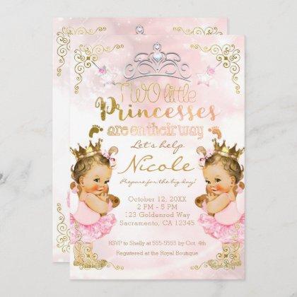Pink Princess Tutu & Crown Twin Girls Baby Shower Invitation