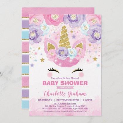 Pink Purple Unicorn Magical Stars Baby Shower Invitation