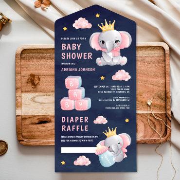 Pink Queen Elephant Girl Navy Blue Baby Shower All In One