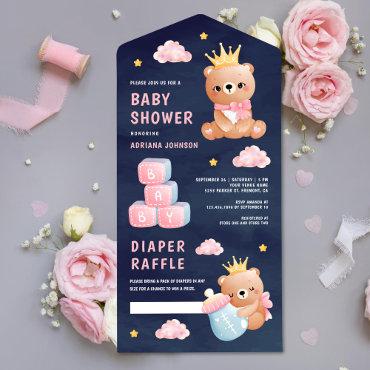 Pink Queen Teddy Bear Girl Navy Blue Baby Shower All In One