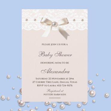 Pink Regency Bow Pearl White Lace Baby Shower