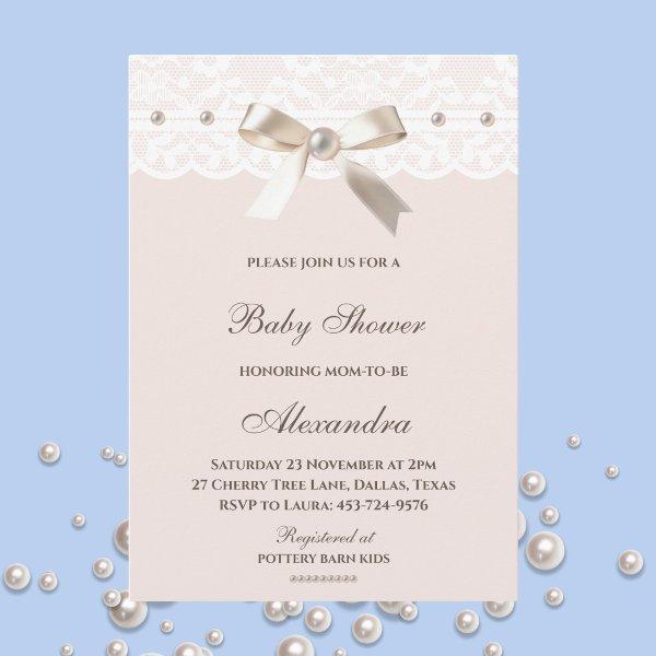 Pink Regency Bow Pearl White Lace Baby Shower