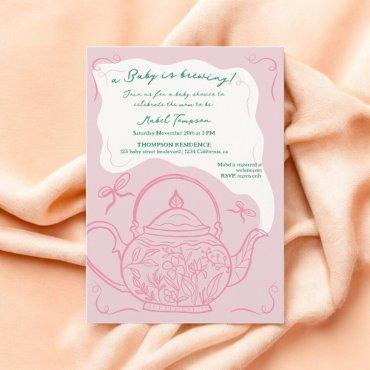 Pink retro bows teapot baby is brewing shower