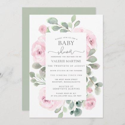 Pink Rose Eucalyptus Botanical Baby Shower Invitation