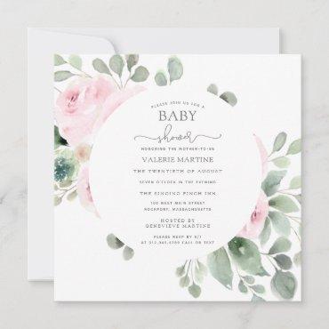 Pink Rose Floral Eucalyptus Baby Shower Invitation