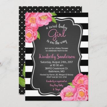 Pink Roses Floral Girl Black and White Baby Shower Invitation