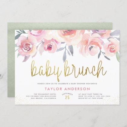 Pink Roses & Greenery Gold Baby Brunch Baby Shower Invitation
