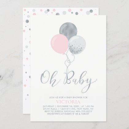 Pink & Silver Balloons | Oh Baby Girl Baby Shower Invitation
