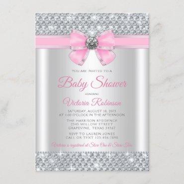 Pink Silver Bling Glam Baby Girl Shower Invitation