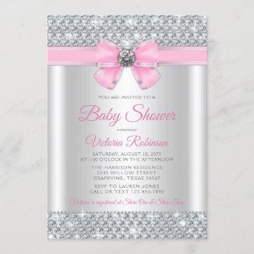 Pink Silver Bling Glam Girl Baby Shower Invitation