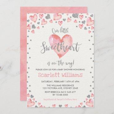 Pink Silver Hearts Sweetheart Girl Baby Shower Invitation