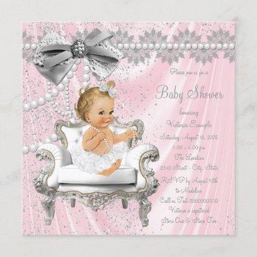 Pink Silver Pearl Chair Girl Baby Shower Invitation