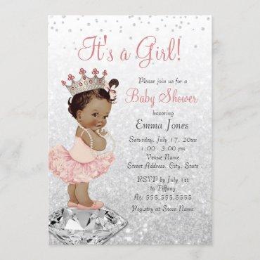 Pink Silver Princess African American Baby Shower Invitation