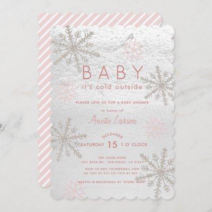 Pink Snowflake Baby Its Cold Outside Baby Shower Invitation