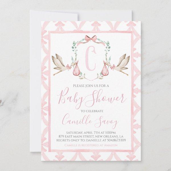 Pink Stork Girl Baby Shower Preppy Southern