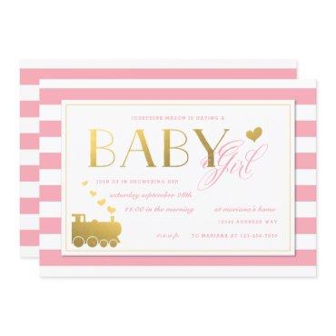 Pink Stripe Faux Gold Train Baby Girls Shower