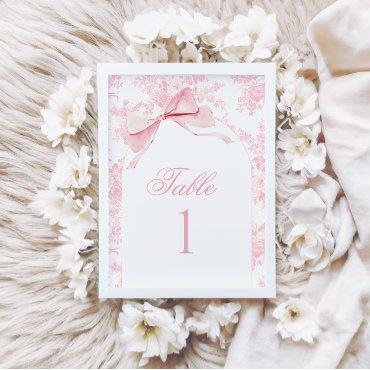 Pink Toile Bow Baby Girl Shower Table Number Sign