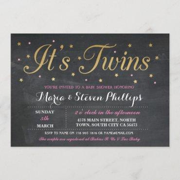 Pink Twins Girl Chalk Gold Baby Shower Invite