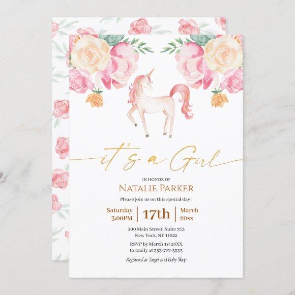 Pink Unicorn Floral Watercolor Baby Girl Shower