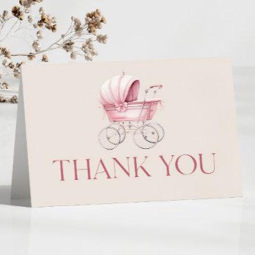 Pink Vintage Baby Carriage Baby Shower Thank You Card