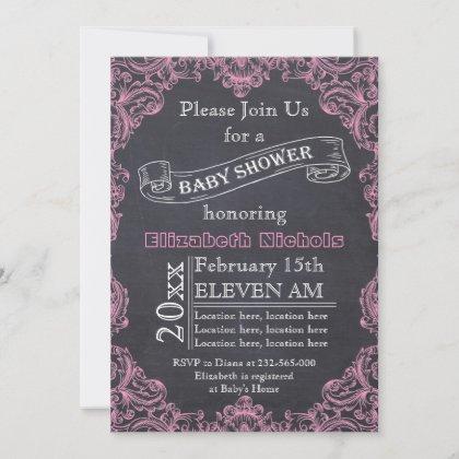 Pink vintage frame and chalkboard baby shower invitation