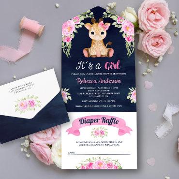 Pink Watercolor Floral Giraffe Navy Baby Shower All In One