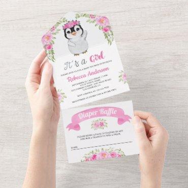 Pink Watercolor Floral Penguin Baby Shower All In One