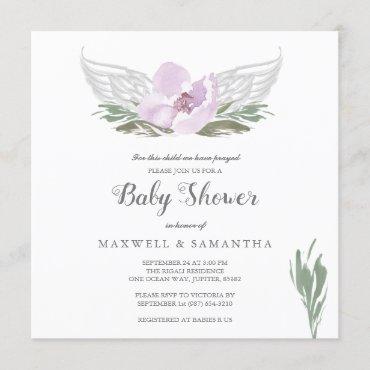 Pink Watercolor Florals Angel Wings Baby Shower Invitation