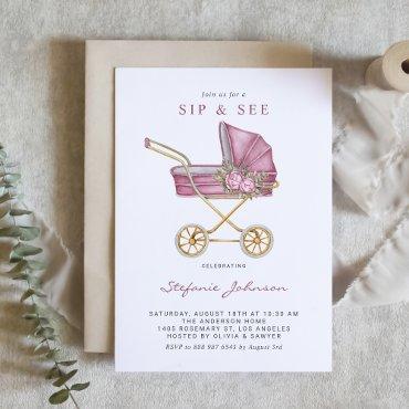 Pink Watercolor Vintage Stroller Baby Sip and See