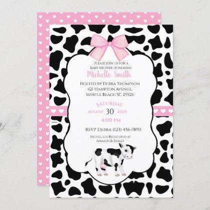 Pink White Black Cow Print Baby Shower Invitation