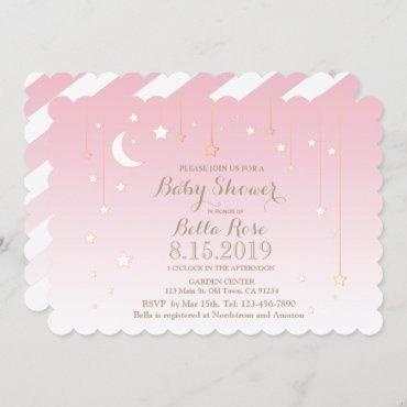 Pink White Moon Star Girl Baby Shower Invite