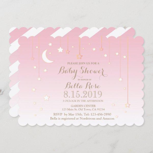 Pink White Moon Star Girl Baby Shower Invite