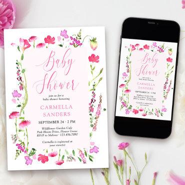 Pink Wildflower Girl Baby Shower Dainty Floral Inv
