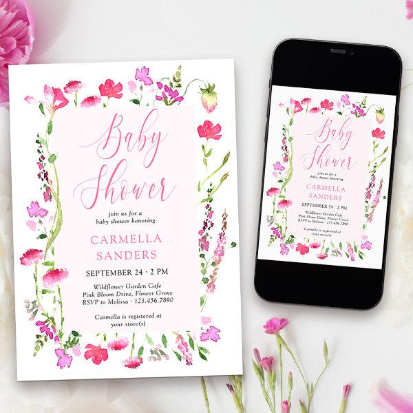 Pink Wildflower Girl Baby Shower Dainty Floral Inv