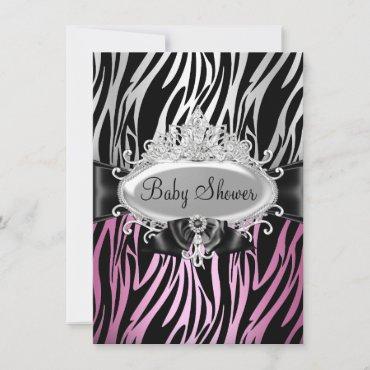 Pink Zebra Print & Tiara Baby Shower Invite
