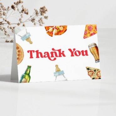 Pizza Brews and Diapers Too Pizza Beer Baby Shower Thank You Card