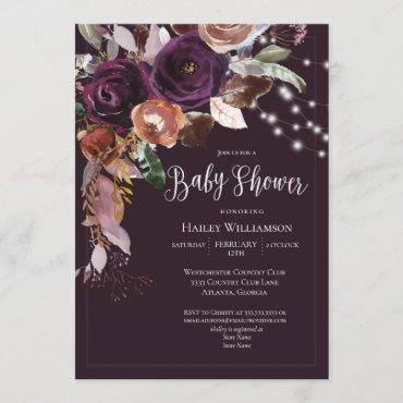 Plum, Gold, Purple Floral String Light Baby Shower Invitation