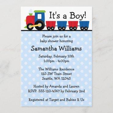 Polka Dot Train Boy Baby Shower Invitation