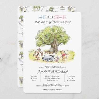 Pooh and Pals Watercolor Gender Reveal Baby Shower Invitation