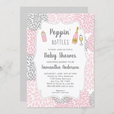 Poppin' Bottles Pink Gray Floral Baby Shower Invitation