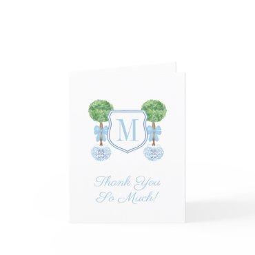 Preppy Monogram Pale Blue Boy Baby Shower Party Thank You Card