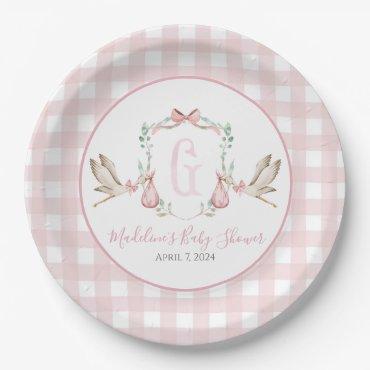 Preppy Southern Pink Girl Stork Baby Shower Paper Plates