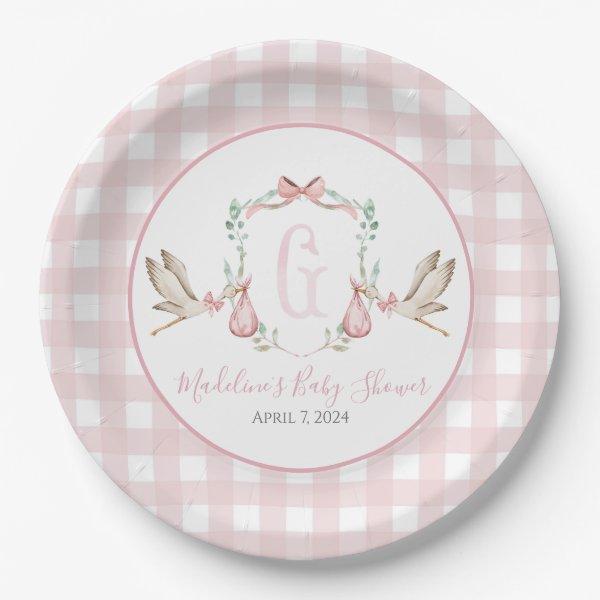 Preppy Southern Pink Girl Stork Baby Shower Paper Plates