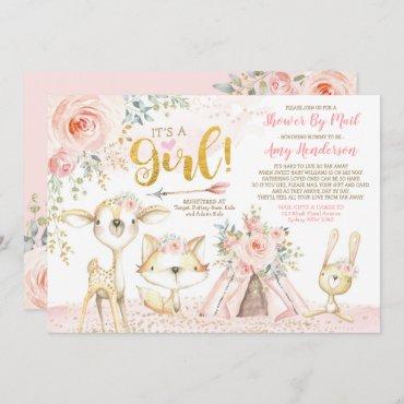 Pretty Boho Woodland Pink Gold Baby Shower By Mail Invitation