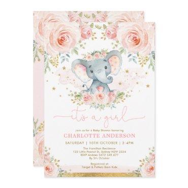 Pretty Elephant Blush Pink Roses Baby Girl Shower