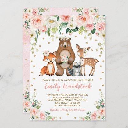 Pretty Floral Woodland Animals Baby Girl Shower Invitation