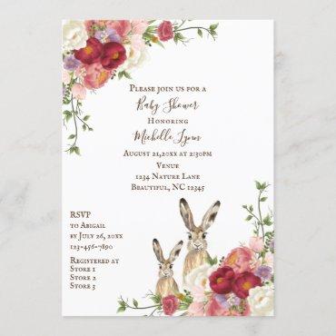 Pretty Peony Flowers and Bunny Rabbit Baby Shower Invitation