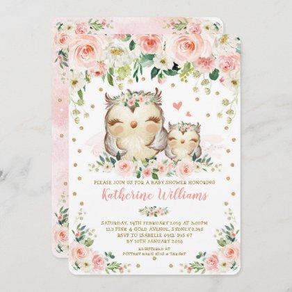 Pretty Pink Blush Floral Owl Girl Baby Shower Invitation